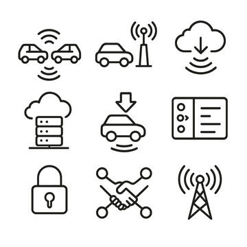 V2X Communication Icons. Outline icon set of vehicle-to-everything communication: V2V signal, V2I beacon, cloud link, edge server,