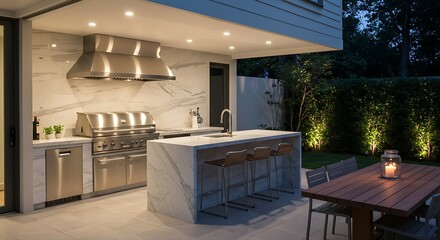 Outdoor Culinary Haven: A luxurious outdoor kitchen, equipped with stainless steel appliances, sits beneath a modern architectural design. The scene captures the essence of outdoor living.