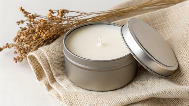 Soy candle in tin container with round label mockup on lid, styled with linen cloth and dried flowers
