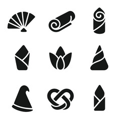 Cultural Napkin Icons Grid. Solid, filled icons set of cultural napkin folding styles: Japanese fan, French