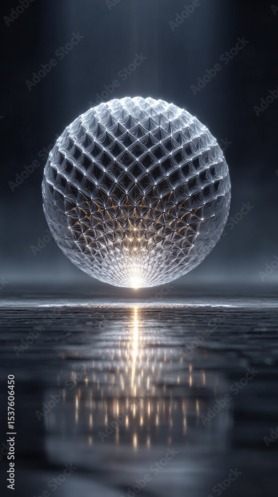Poster a glowing wireframe sphere pulsates with digital-coded lights against a dark background, symbolizing