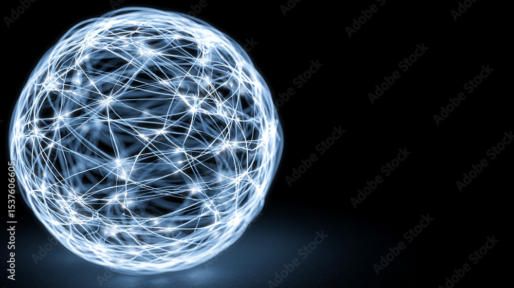 Poster a glowing wireframe sphere pulsates with digital-coded lights against a dark background, symbolizing
