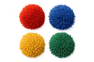 Vibrant multicolored furry spheres representing primary colors floating against transparent background