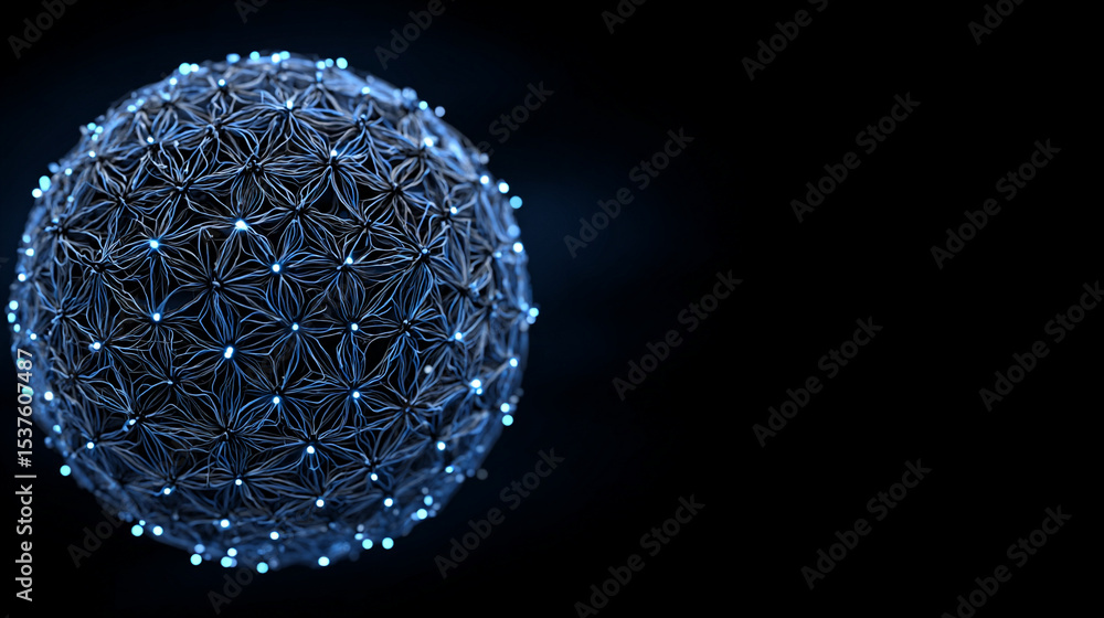 Poster a glowing wireframe sphere pulsates with digital-coded lights against a dark background, symbolizing