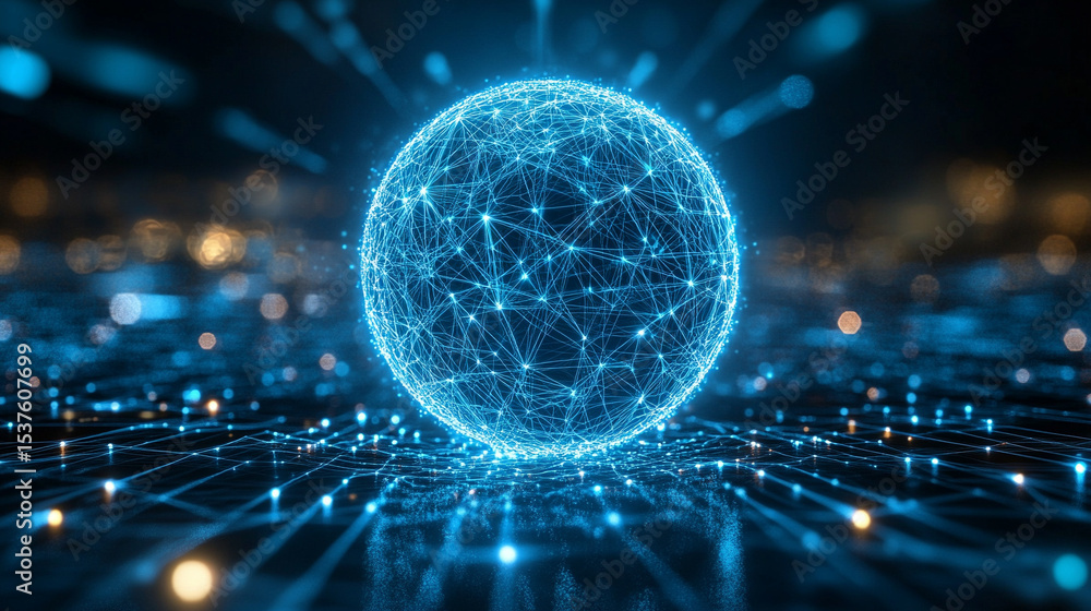 Poster a glowing wireframe sphere pulsates with digital-coded lights against a dark background, symbolizing