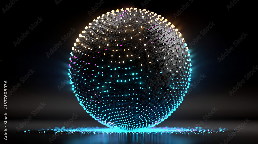Poster a glowing wireframe sphere pulsates with digital-coded lights against a dark background, symbolizing