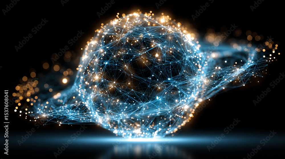 Poster a glowing wireframe sphere pulsates with digital-coded lights against a dark background, symbolizing
