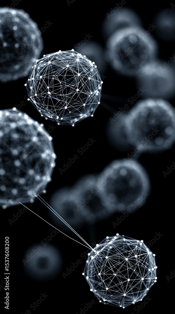 Poster a glowing wireframe sphere pulsates with digital-coded lights against a dark background, symbolizing