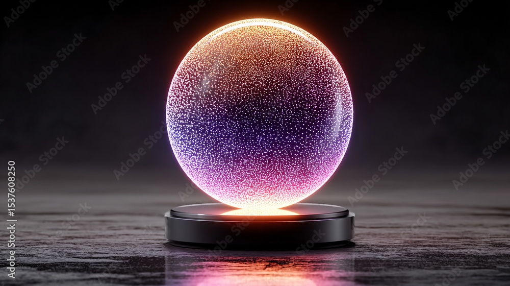 Poster a glowing wireframe sphere pulsates with digital-coded lights against a dark background, symbolizing