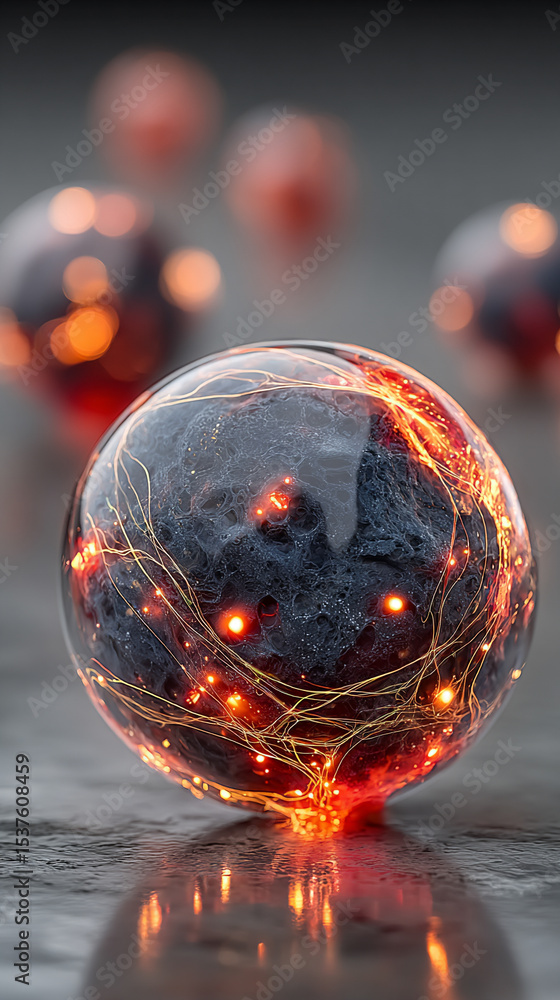 Poster a glowing wireframe sphere pulsates with digital-coded lights against a dark background, symbolizing