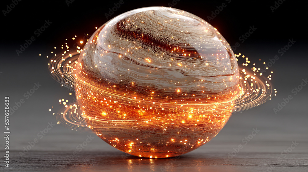 Poster a glowing wireframe sphere pulsates with digital-coded lights against a dark background, symbolizing
