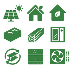 Green Architecture Icons. Solid, filled icons set of green architecture design: solar panel, green roof,