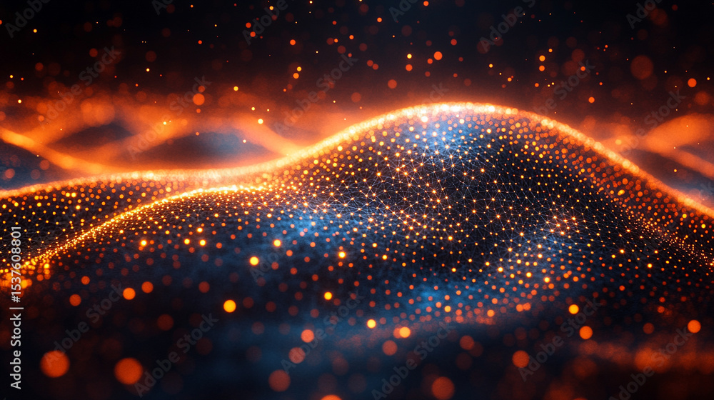 Poster a glowing wireframe sphere pulsates with digital-coded lights against a dark background, symbolizing