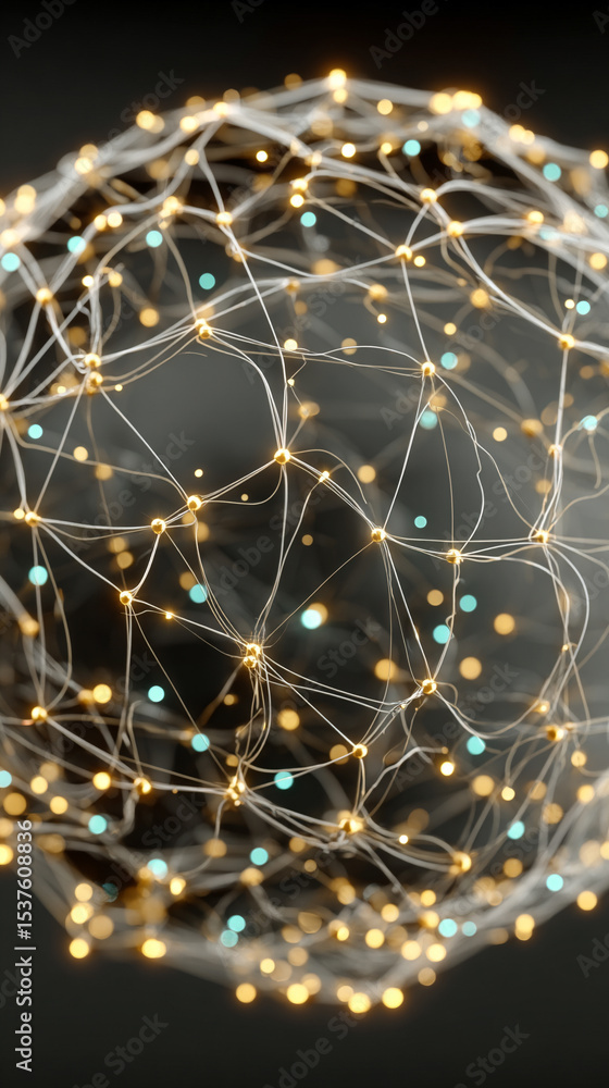 Poster a glowing wireframe sphere pulsates with digital-coded lights against a dark background, symbolizing