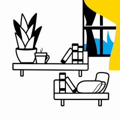 Modern Home Office Setup: Books, Plant, Coffee