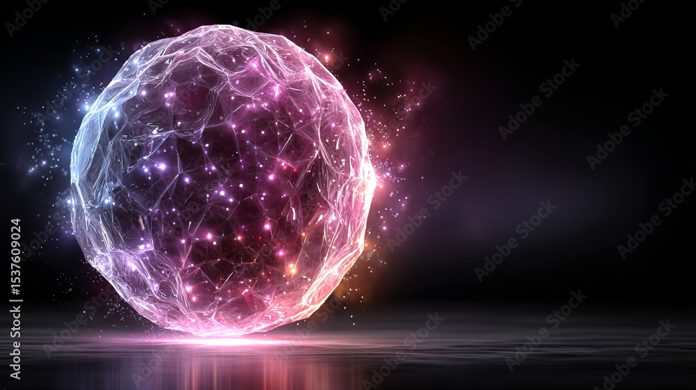 Poster a glowing wireframe sphere pulsates with digital-coded lights against a dark background, symbolizing
