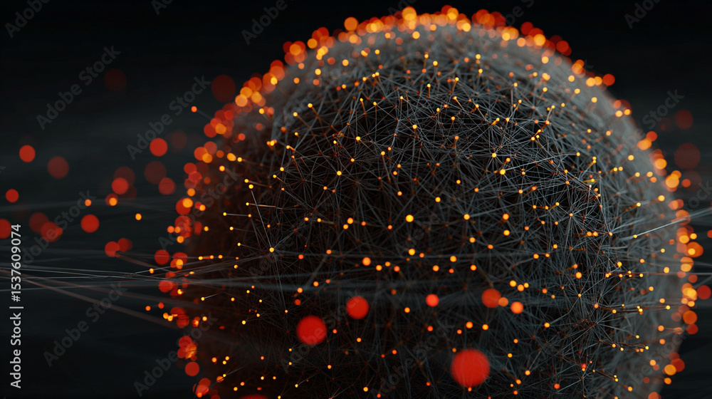 Poster a glowing wireframe sphere pulsates with digital-coded lights against a dark background, symbolizing