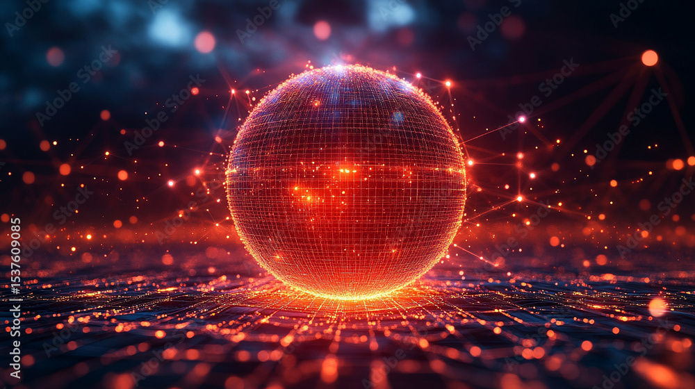 Poster a glowing wireframe sphere pulsates with digital-coded lights against a dark background, symbolizing