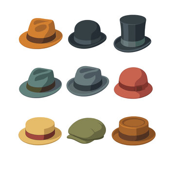 Vintage Hat Icons. Isometric Flat icon set of vintage hat styles: fedora, bowler hat, top hat, trilby, homburg, pork pie hat,