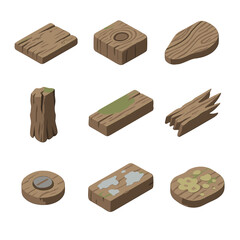 Weathered Wood Icons. Isometric Flat icon set of weathered wood surfaces: aged plank, knot hole, wood grain line, bark fragment,