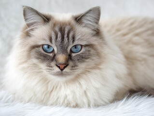 Fototapeta premium Fluffy Ragdoll cat lounging on lap with plush fur in soft light against white background