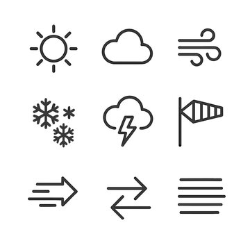 Weather Icons Set. Outline icon set of weather conditions: clear sky icon, cumulus cloud, turbulence swirl, icing crystals,