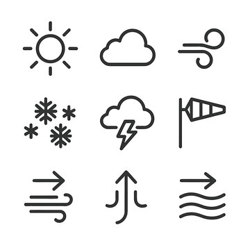 Weather Icons Set. Outline icon set of weather conditions: clear sky icon, cumulus cloud, turbulence swirl, icing crystals,