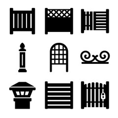 Privacy Fencing Icons. Solid, filled icons set of privacy and decorative fencing: vinyl panel, lattice top,