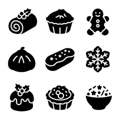Holiday Pastry Icons. Solid, filled icons set of holiday pastries and desserts: yule log, mince pie,