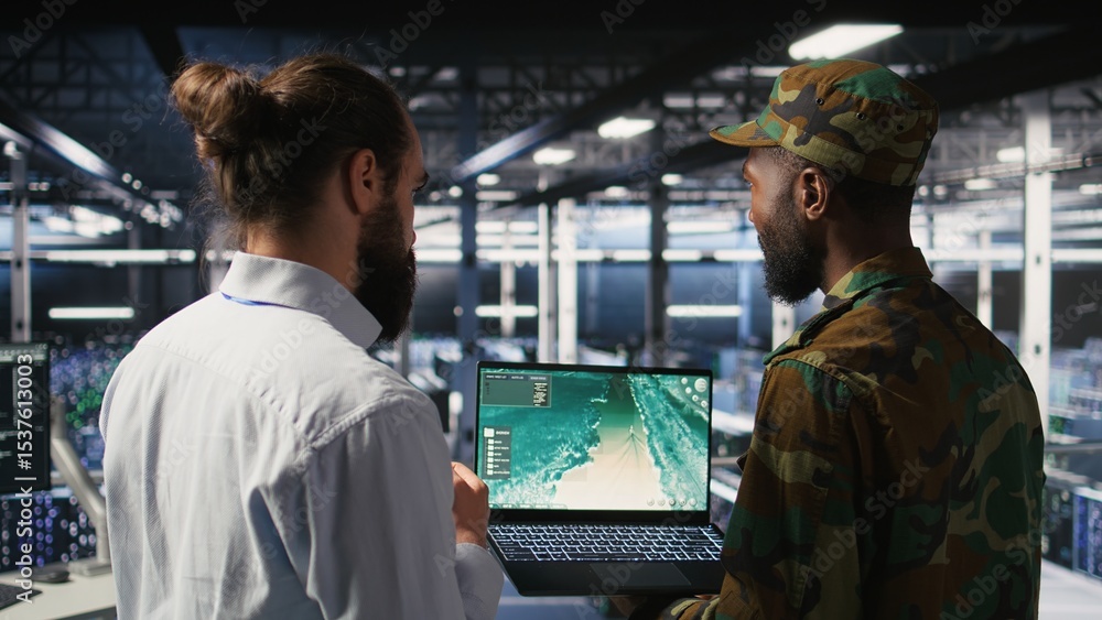 Poster drone operators in military data center supervising autonomous flight systems through laptop interfa