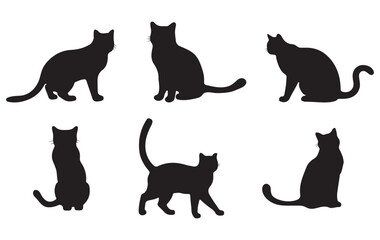 Set of silhouette cats in different poses. Isolated black cat on white background. Vector illustration of elements for design decoration.