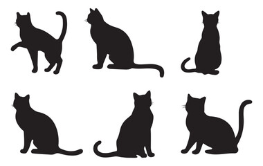 Vector set silhouette of the cat sitting, isolated on white black color cute kitten