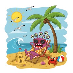 Obraz premium Cartoon Monster Vacation Relaxing on Beach with Sea, Sand and Palm, Enjoying the Sun