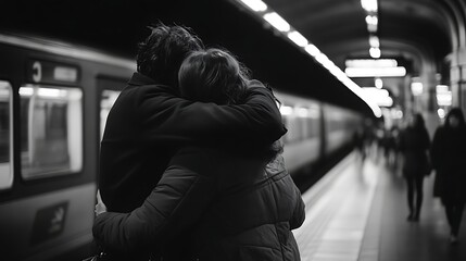 A couple embracing on a subway platform in black and white with a train in the background waiting