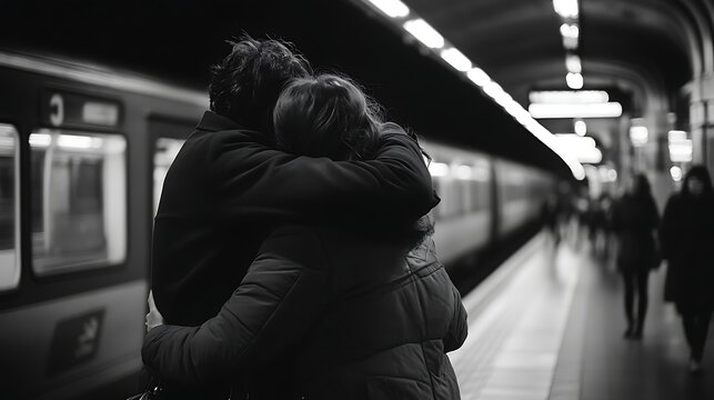 A couple embracing on a subway platform in black and white with a train in the background waiting