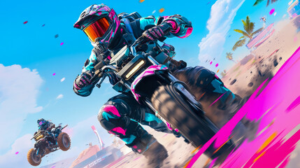 Obraz premium Motorsport Thrill: A high-speed motorcycle race through a vibrant beach landscape, showcasing adrenaline and action on a sunny day.