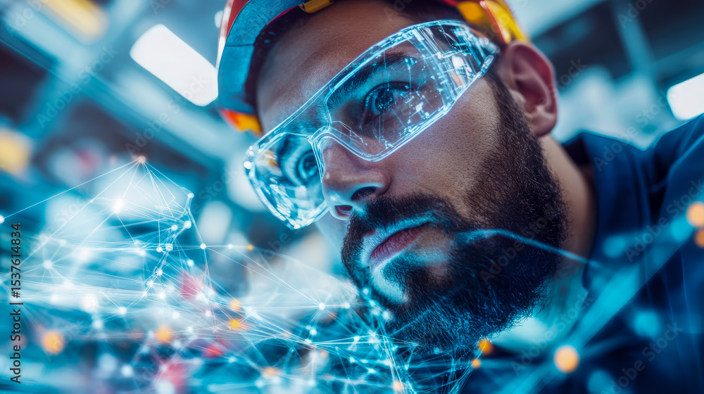 Poster engineer with advanced protective eyewear interacting with futuristic technology, showing complex ne