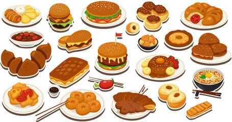 Cartoon Food and Snack Vector Set &ndash; Burgers, Donuts, Ramen & More