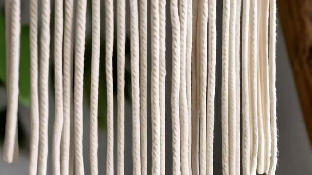 Close-up of a handcrafted macrame wall hanging with intricate knots and fringe against a blurred wood background indoors.