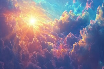 A breathtaking view of the sky, with fluffy clouds and a radiant sun setting behind them