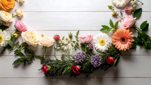 Floral arrangement with roses, daisies, and greenery on white wooden planks forming a frame for romantic designs or wedding invitations