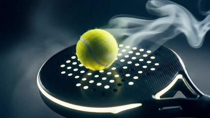 Surreal padel tennis ball in motion with vapor trail on perforated paddle racket in cinematic light - Powered by Adobe
