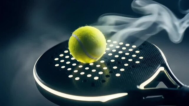 Surreal padel tennis ball in motion with vapor trail on perforated paddle racket in cinematic light