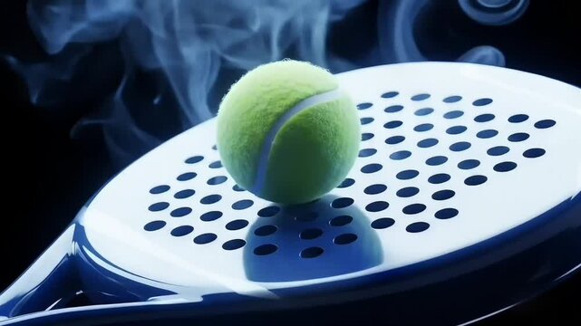 Dramatic close-up of a padel tennis ball with swirling smoke effect on black paddle racket in a dark indoor studio