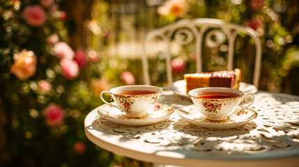 Afternoon tea with floral porcelain tea set, pretty sponge cakes, teatime set amid English garden roses in dappled countryside light