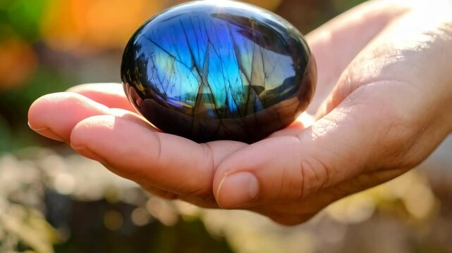 Hand holding a shining labradorite sphere with blue and green iridescence, spiritual and holistic healing concept.