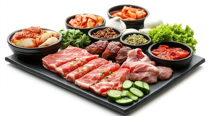 Assorted raw meats with kimchi, cucumbers, greens & spices on a dark stone plate