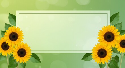 Vibrant sunflowers with rich yellow petals on a blurred green bokeh background; empty light green frame for text, soft lighting, cheerful atmosphere.