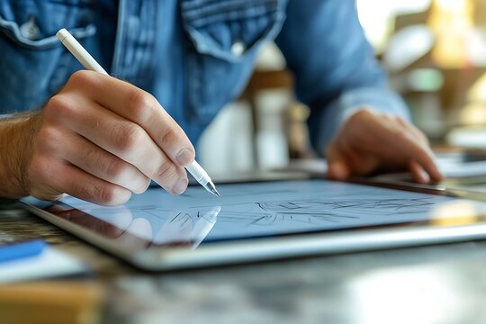 Close up of a person drawing on a tablet with a stylus wearing a blue denim jacket in a bright setting