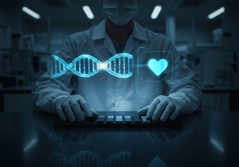 Scientist working with DNA and heart health data in lab